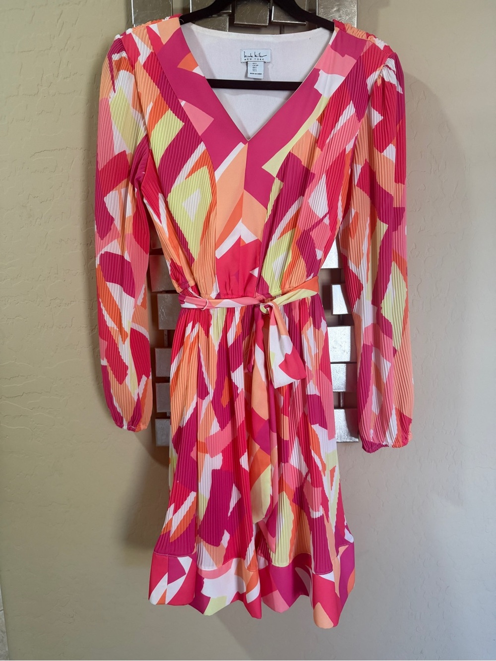 Nicole Miller Pink, Coral & Cream Pleated V-Neck Tie-Waist Dress